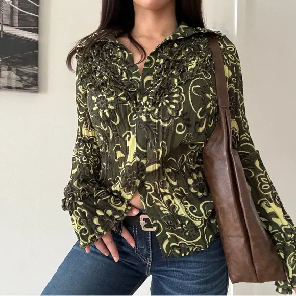 Vintage Boho Ruffle Button-Down Mesh Blouse - Picture 3 of 6